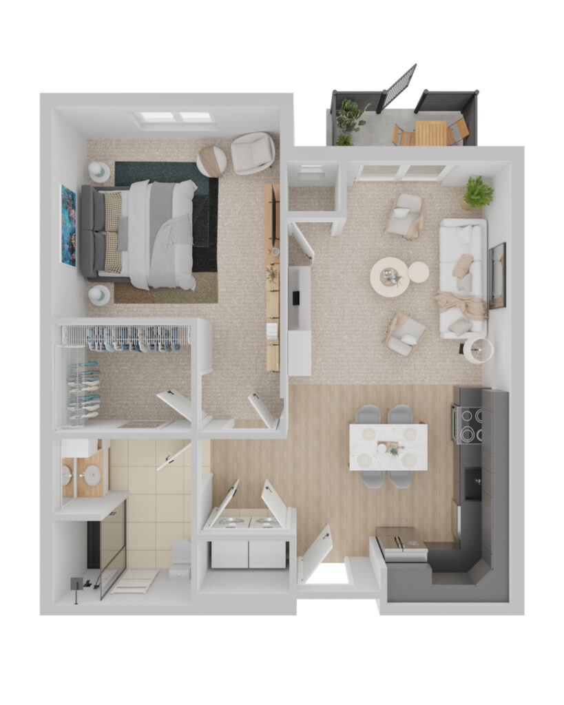 Spacious senior living apartment at Vista Prairie at Eagle Pointe with bedroom, living room, kitchen, and private balcony in St. Francis, Minnesota.