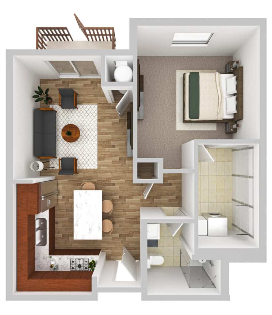 Cozy senior apartment at Vista Prairie at Eagle Pointe in St. Francis, MN with a bedroom, living area, modern kitchen, and accessible bathroom, perfect for senior living.