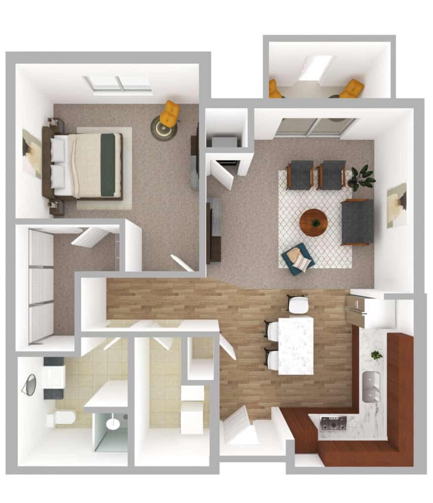 Bright and spacious senior apartment at Vista Prairie at Eagle Pointe in St. Francis, MN, featuring modern living room, bedroom, kitchen, and bathroom with accessible layouts.