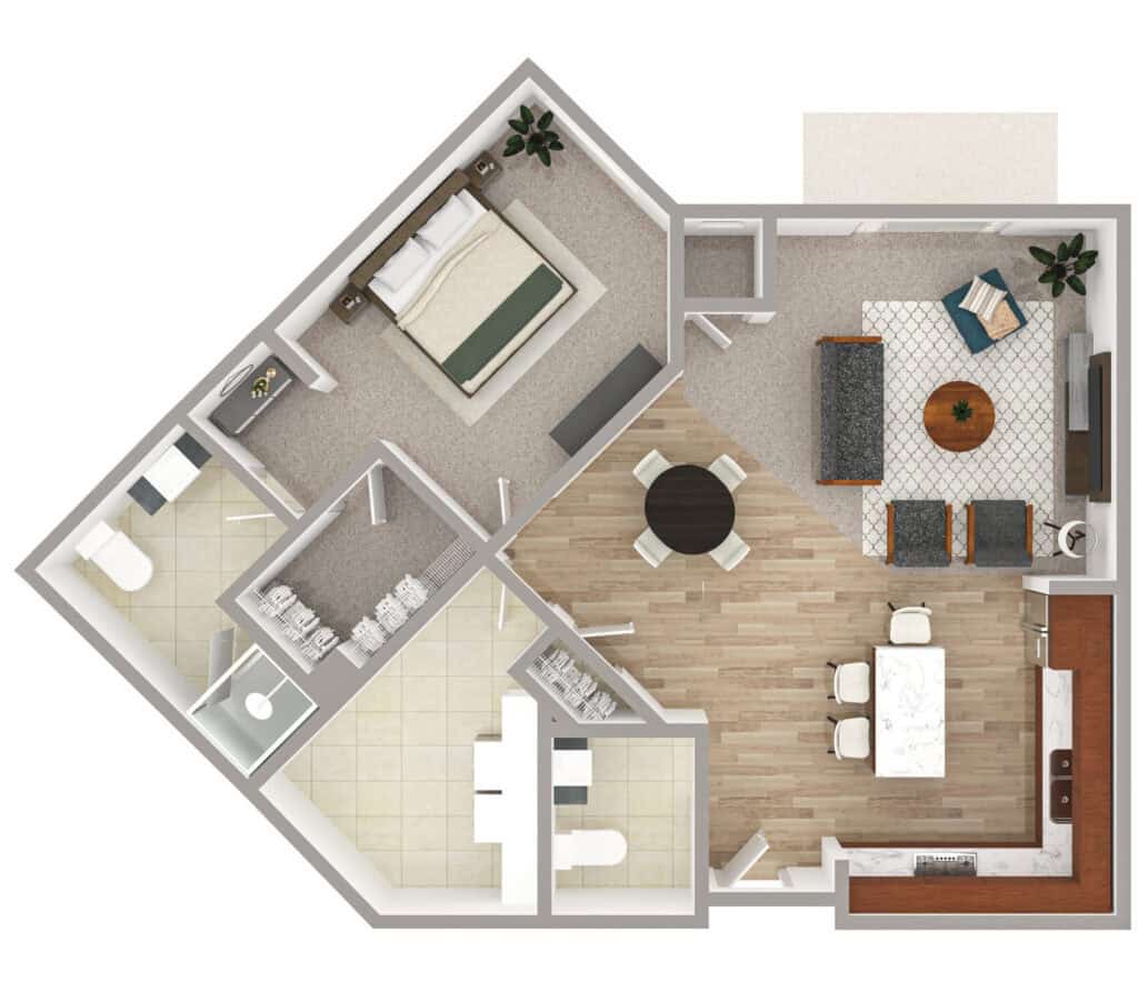 Spacious senior apartment floor plan at Vista Prairie at Eagle Pointe, St. Francis, MN with bedroom, living room, kitchen, and modern amenities.