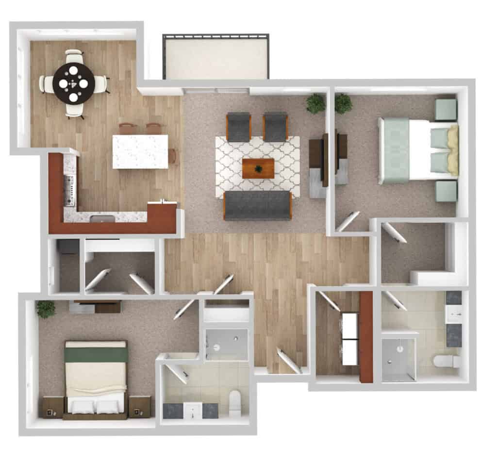 Spacious senior apartment floor plan at Vista Prairie at Eagle Pointe in St. Francis, MN, featuring two bedrooms, modern kitchen, and comfortable living areas for senior living.