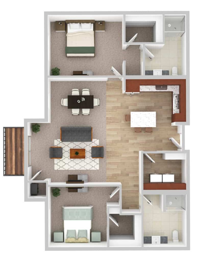 Spacious senior apartment floor plan at Vista Prairie at Eagle Pointe in St. Francis, MN, featuring two bedrooms, two bathrooms, modern kitchen, and comfortable living areas for senior living.