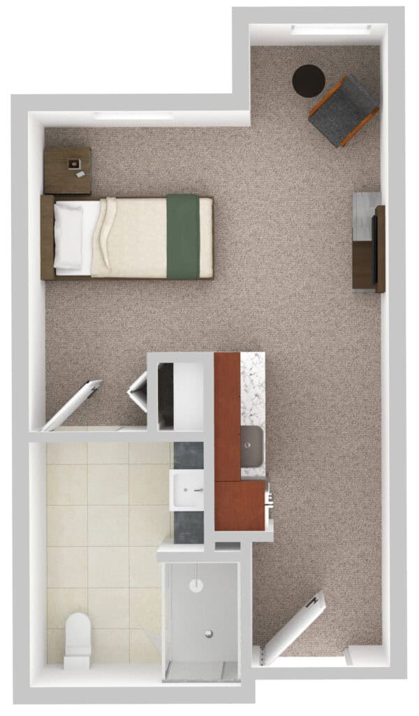 Modern senior living apartment floor plan at Vista Prairie at Eagle Pointe in St. Francis, MN, featuring a comfortable bedroom, accessible bathroom, and cozy living area ideal for seniors.
