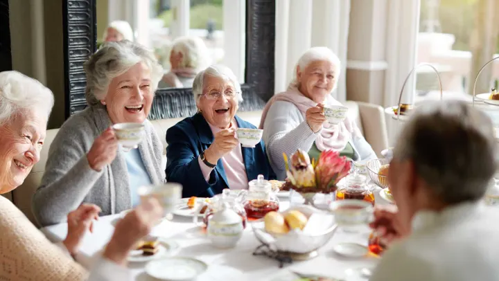 Enjoying a cheerful social gathering with seniors having tea and snacks at Vista Prairie at Eagle Pointe senior living community in St. Francis, MN.