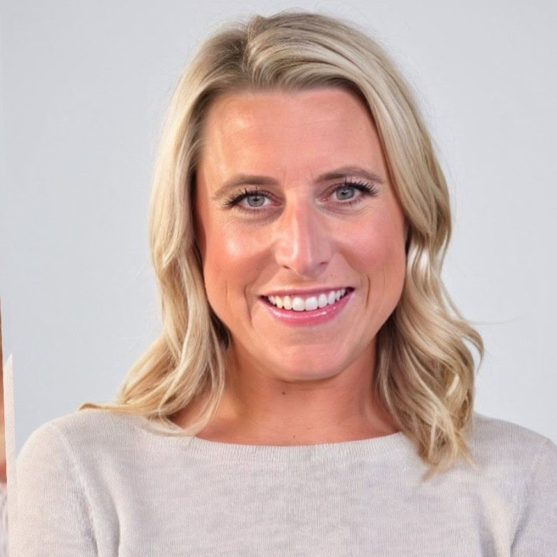 Friendly woman smiling in a light-colored top, representing senior living community at Vista Prairie in St. Francis, MN.