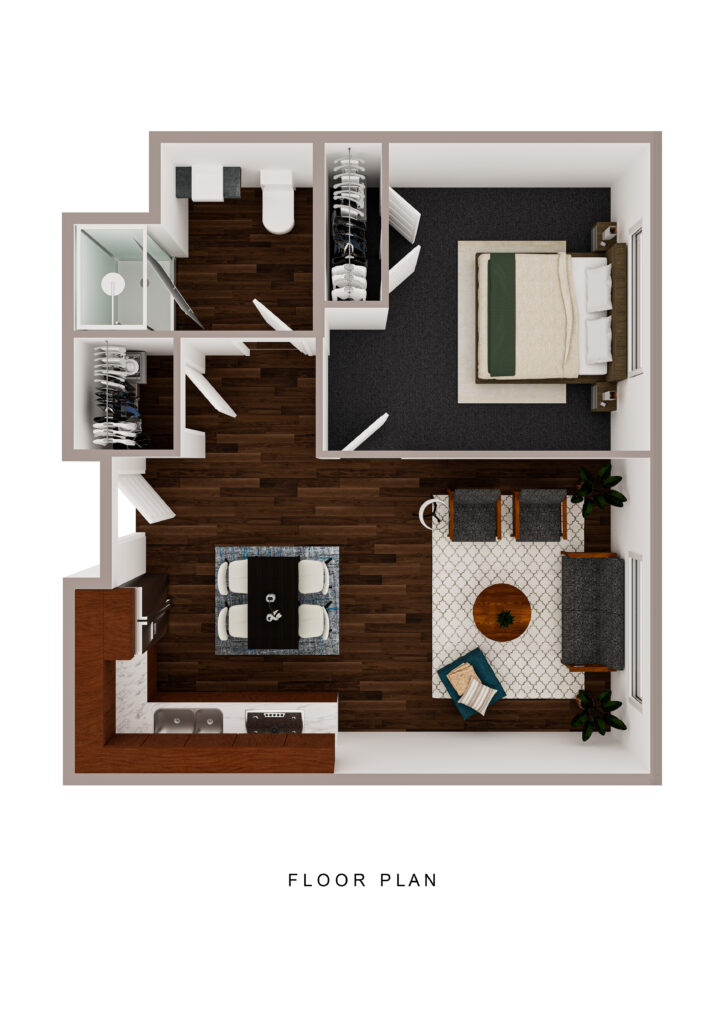 Spacious senior apartment floor plan at Vista Prairie at Copperleaf, Willmar MN featuring a bedroom, living room, kitchen, and walk-in closet for active senior living.