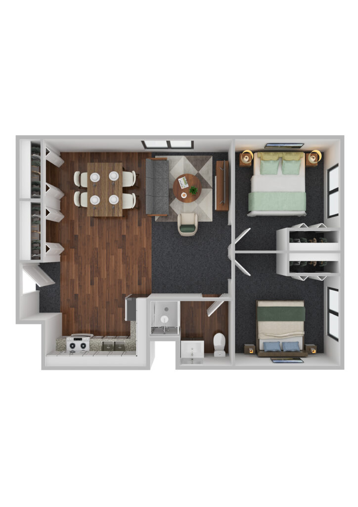 Bright one-bedroom senior apartment floor plan at Vista Prairie at Copperleaf in Willmar, Minnesota, featuring open living area, modern kitchen, and spacious bedroom designed for senior living comfort.
