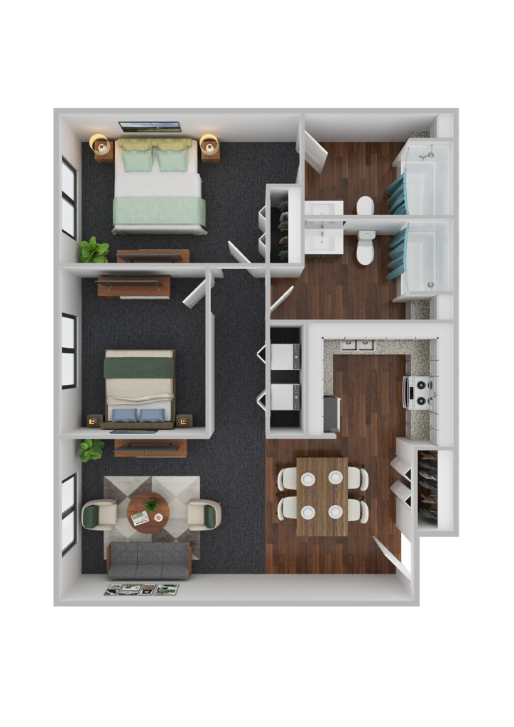 Modern senior apartment layout at Vista Prairie at Copperleaf in Willmar, MN, featuring two bedrooms, a spacious living area, well-equipped kitchen, and accessible bathroom for comfortable senior living.