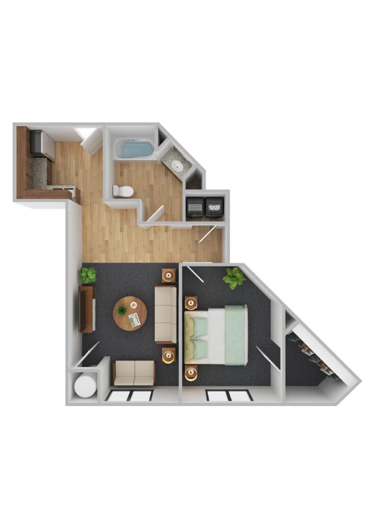 Comfortable senior apartment floor plan at Vista Prairie at Red Cedar Canyon in Hudson, WI, featuring one bedroom, living room, kitchen, and modern bathroom amenities.