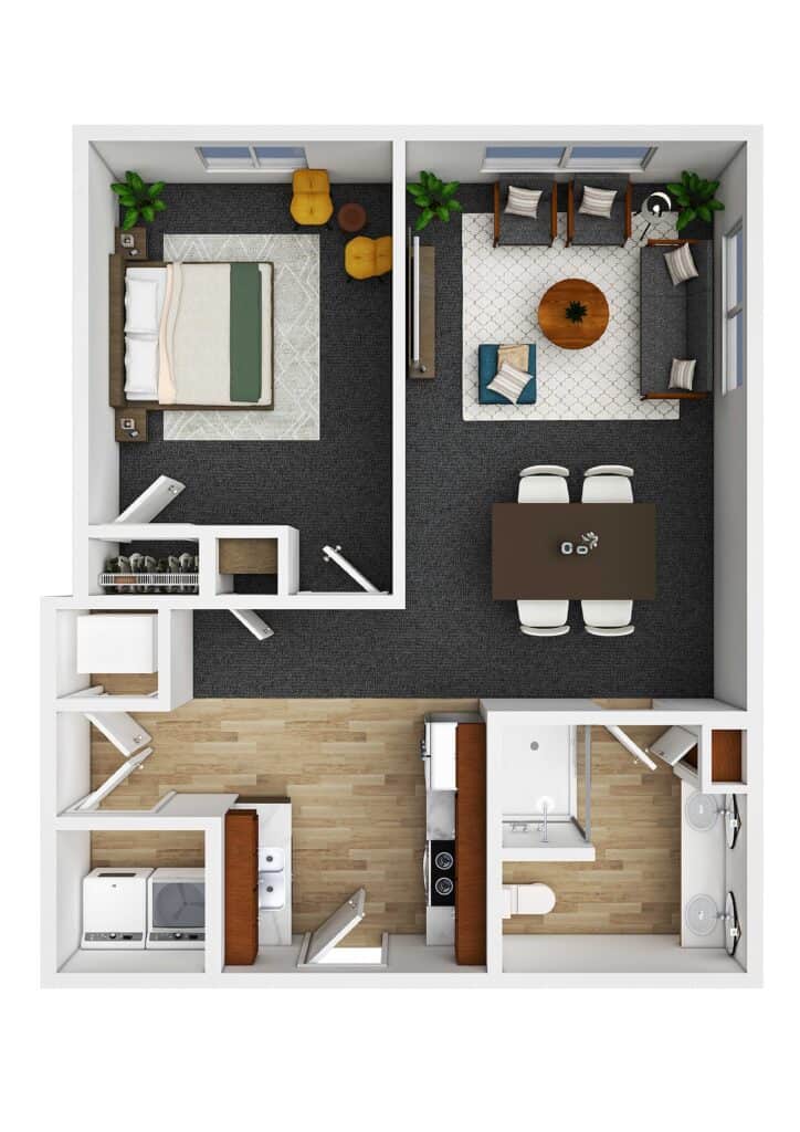 Spacious senior living apartment at Vista Prairie at Red Cedar Canyon in Hudson, WI, featuring a bedroom, living area, modern kitchen, and bathroom with accessible amenities for senior residents.