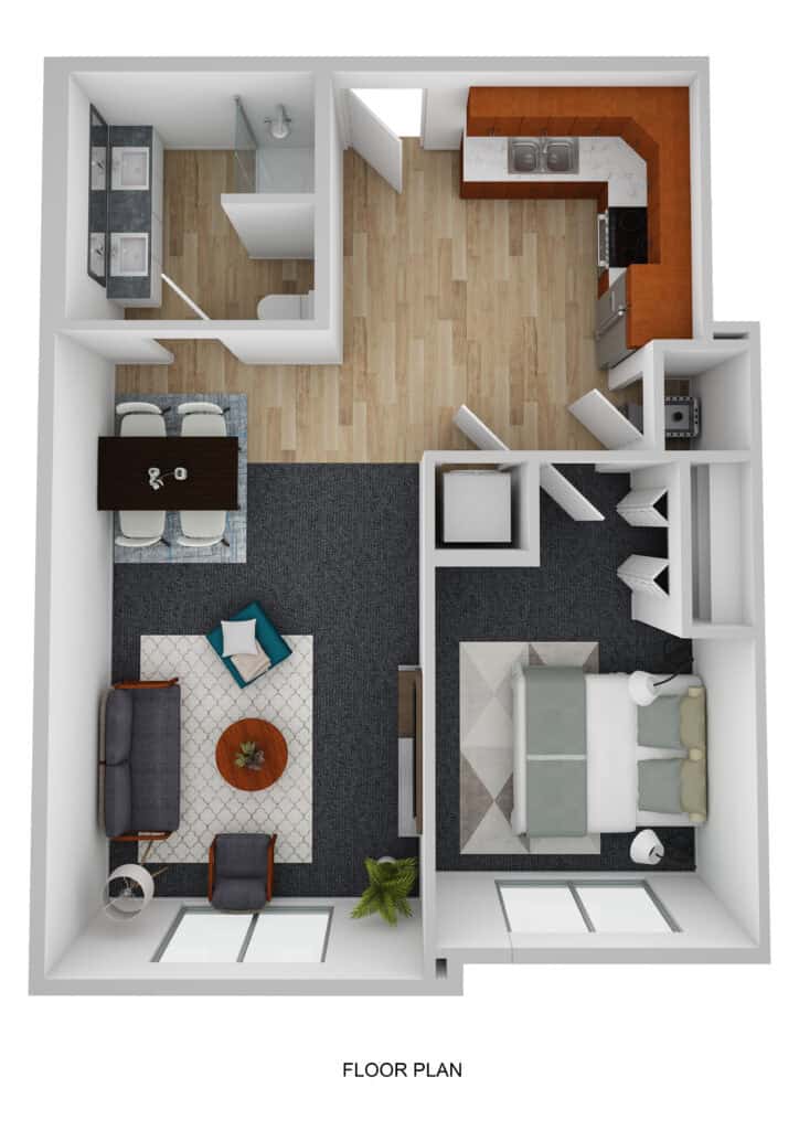 Spacious senior living apartment floor plan at Vista Prairie at Red Cedar Canyon in Hudson, WI, featuring a bedroom, living area, kitchen, bathroom, and closet space for comfortable senior living.