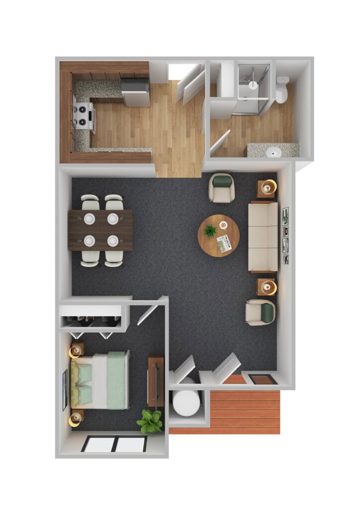 Cozy senior apartment floor plan at Vista Prairie at Red Cedar Canyon in Hudson, WI, featuring a living room, bedroom, kitchen, and bathroom designed for comfortable senior living.