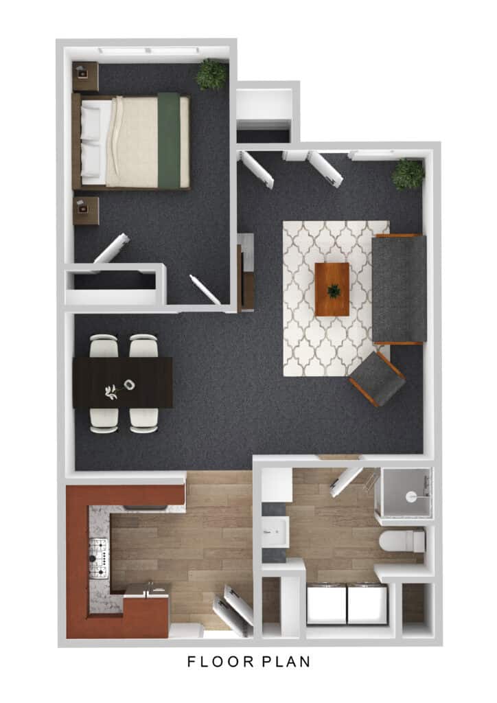 Comfortable senior apartment at Vista Prairie at Red Cedar Canyon in Hudson, Wisconsin, featuring a spacious living area, bedroom, kitchen, and bathroom for assisted living residents.