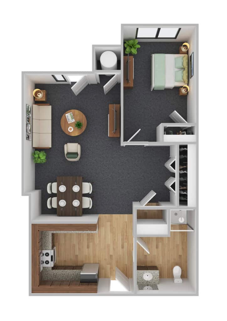 Comfortable senior apartment floor plan at Vista Prairie at Red Cedar Canyon in Hudson, WI, featuring a living room, bedroom, kitchen, and bathroom designed for senior living.