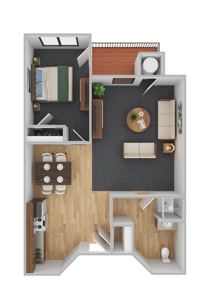 Bright senior apartment layout with living room, bedroom, kitchen, and bathroom at Vista Prairie at Red Cedar Canyon in Hudson, Wisconsin. Accessible senior living apartment with modern features.