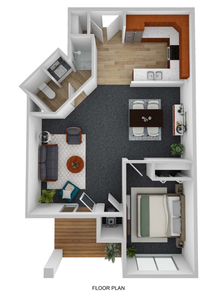 Spacious senior apartment floor plan with open living area, modern kitchen, comfortable bedroom, and accessible bathroom at Vista Prairie at Red Cedar Canyon in Hudson, WI.