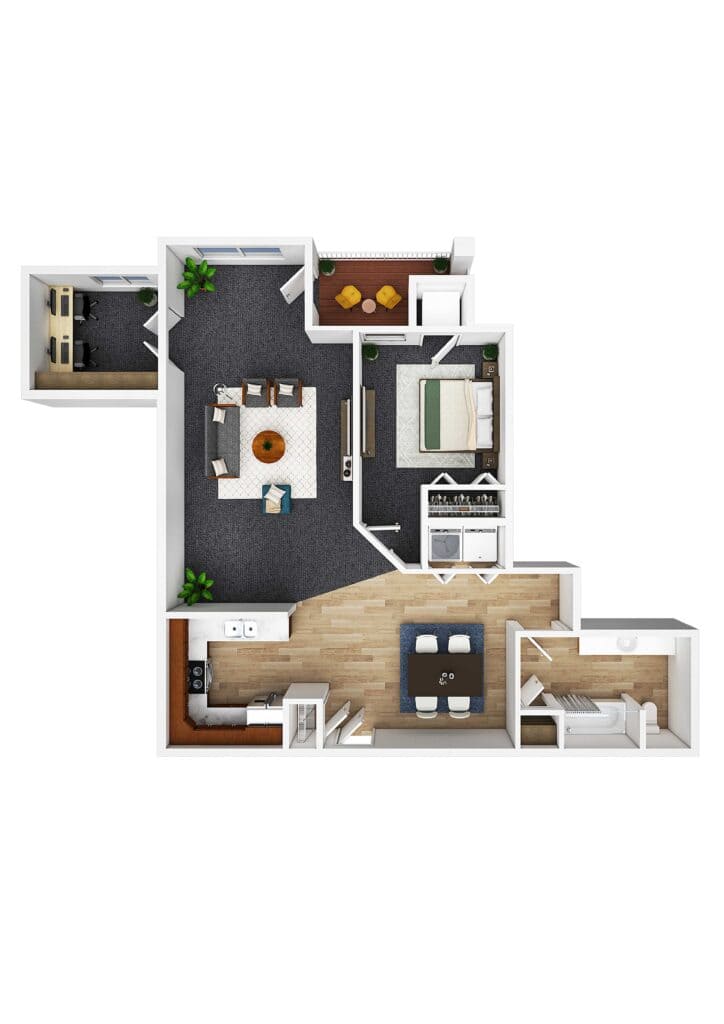 Modern senior apartment floor plan at Vista Prairie at Red Cedar Canyon in Hudson, WI with a spacious living area, bedroom, kitchen, and balcony.