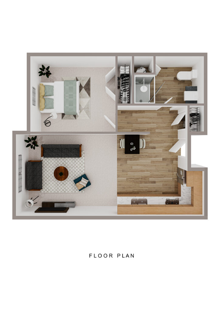 Cozy senior apartment floor plan at Vista Prairie at Brentwood in Rice Lake Wisconsin, featuring a bedroom, living area, full bathroom, and open-concept kitchen for comfortable senior living.