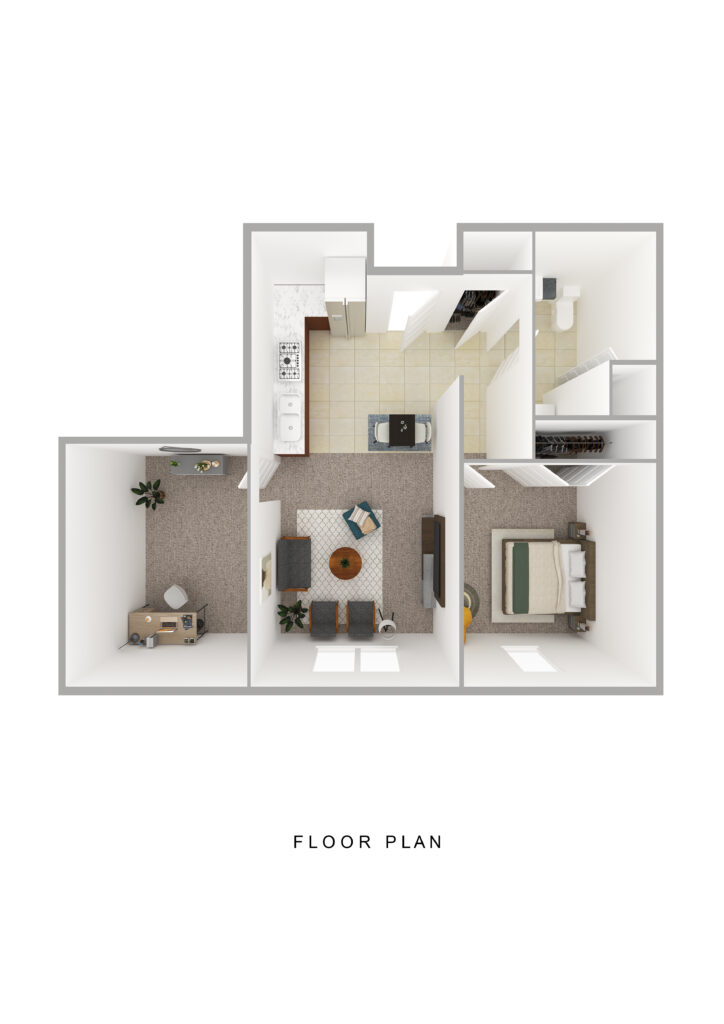 Bright and spacious senior living apartment at Vista Prairie at Brentwood in Rice Lake, WI, featuring a comfortable living room, bedroom, kitchen, bathroom, and cozy workspace.