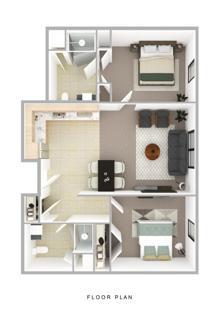 Spacious senior apartment floor plan at Vista Prairie at Brentwood with a living area, bedroom, bathroom, and open kitchen, ideal for comfortable senior living in Rice Lake, Wisconsin.