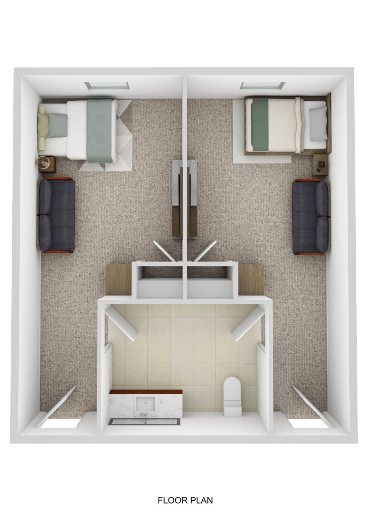 Spacious senior living apartment at Vista Prairie Brentwood in Rice Lake, WI, featuring two bedrooms, a shared living area, and accessible bathroom designed for comfortable aging in place.