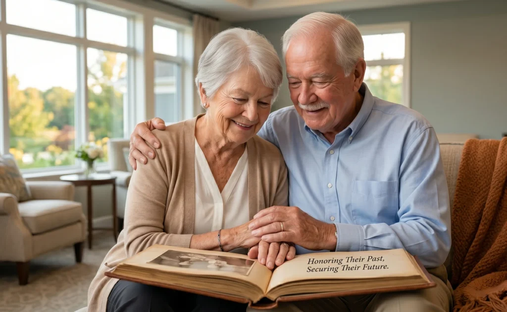 Older couple sitting together, smiling, as they look through a photo album on a couch in a sunlit living room.