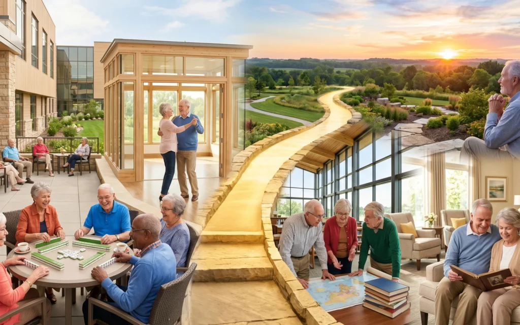 Seniors enjoying activities in a bright retirement community: playing cards, chatting, and dancing near a sunlit garden.