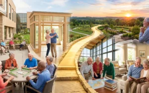 Seniors enjoying activities in a bright retirement community: playing cards, chatting, and dancing near a sunlit garden.