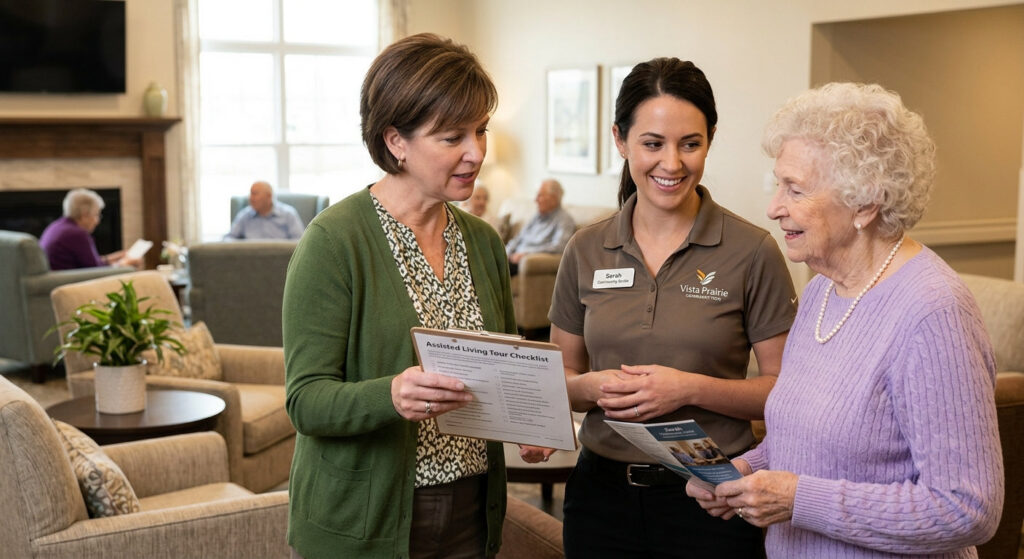 Staff member explains an assisted living tour checklist to an elderly resident in a bright lounge.