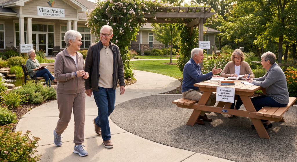 Seniors chatting and walking outdoors near a Vista Prairie Communities building with a flowering trellis and a picnic table for a book discussion group.