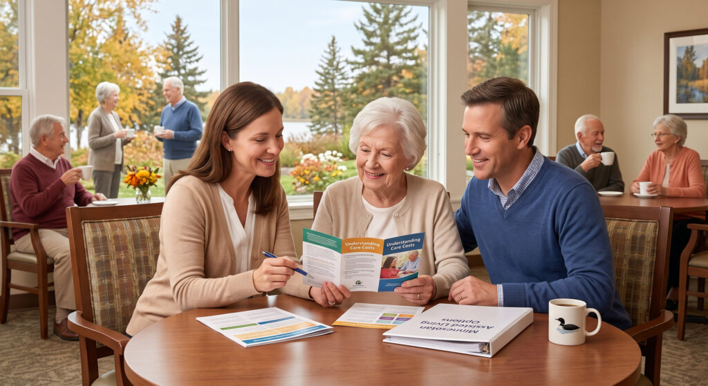 Three adults at a round table read a colorful brochure about care costs, while others chat with coffee in the background by large windows.