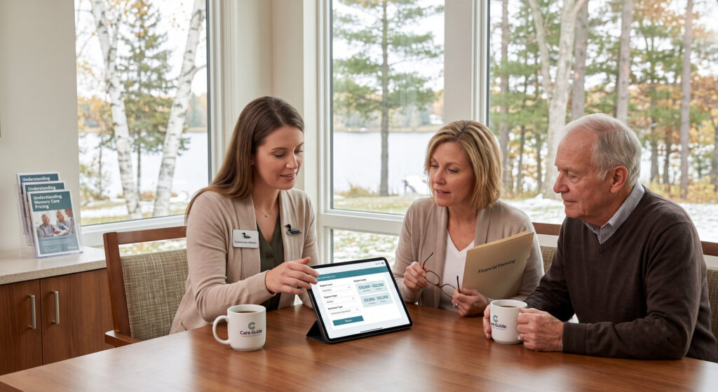 How Much Does Memory Care Cost in Minnesota_ 2026 Pricing Guide + Calculator - Vista Prairie Communities Three adults sit at a wood table in a bright windowed room, reviewing a tablet and documents during a financial planning meeting.