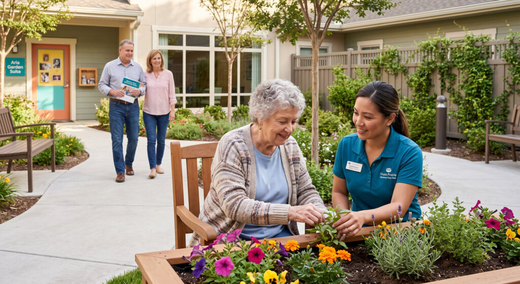 Elderly woman and caregiver planting colorful flowers in a courtyard garden with a couple talking near the entrance in the background.