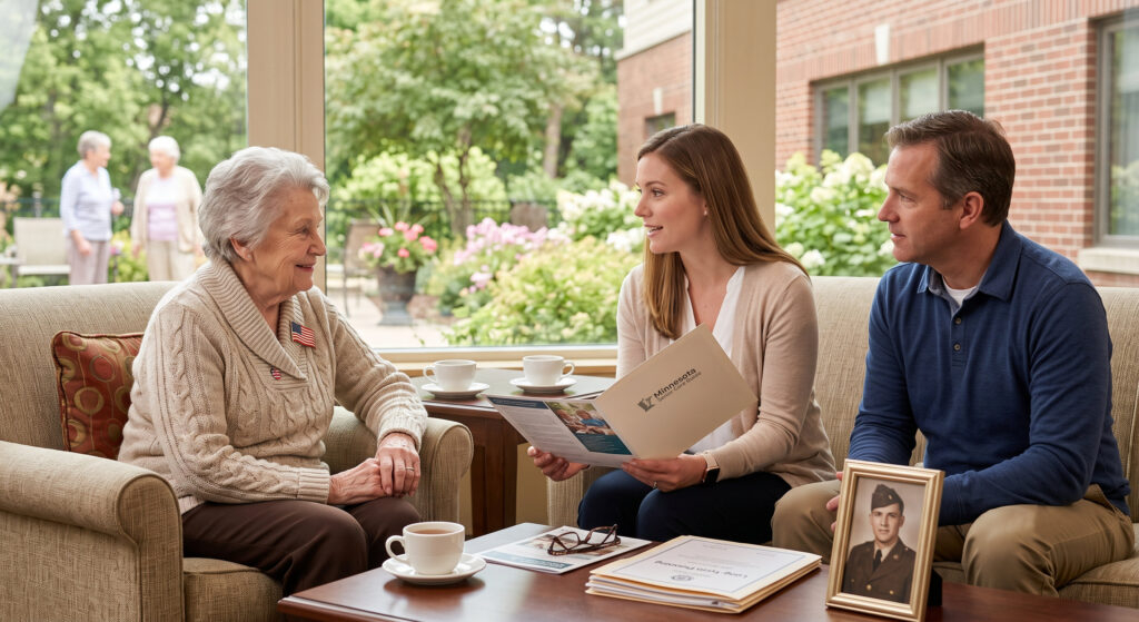 How to Pay for Assisted Living in Minnesota- Elderly Waiver VA Benefits and LTC - Vista Prairie Communities Elderly woman in a beige sweater chats with a younger woman holding a care brochure in a sunny lounge with a man listening nearby.