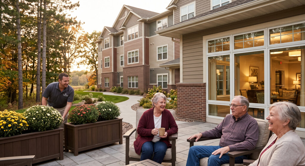 Seniors chatting and laughing on a sunny patio outside a multi‑story senior living building, with a staff member tending flowers nearby.