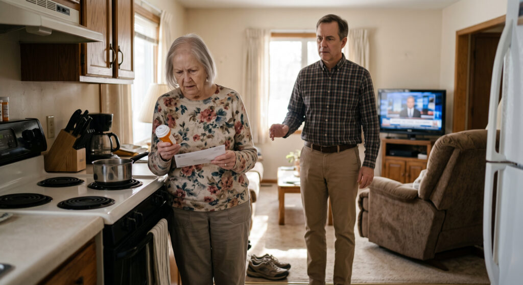 Older woman in a floral sweater reads a letter while holding a prescription bottle; a man in a plaid shirt stands behind her in a kitchen/lounge area.