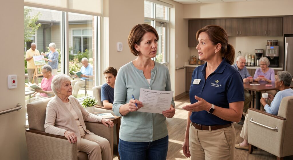 Two staff members converse with an elderly resident in a bright senior living common area, while other residents read and chat in the background.